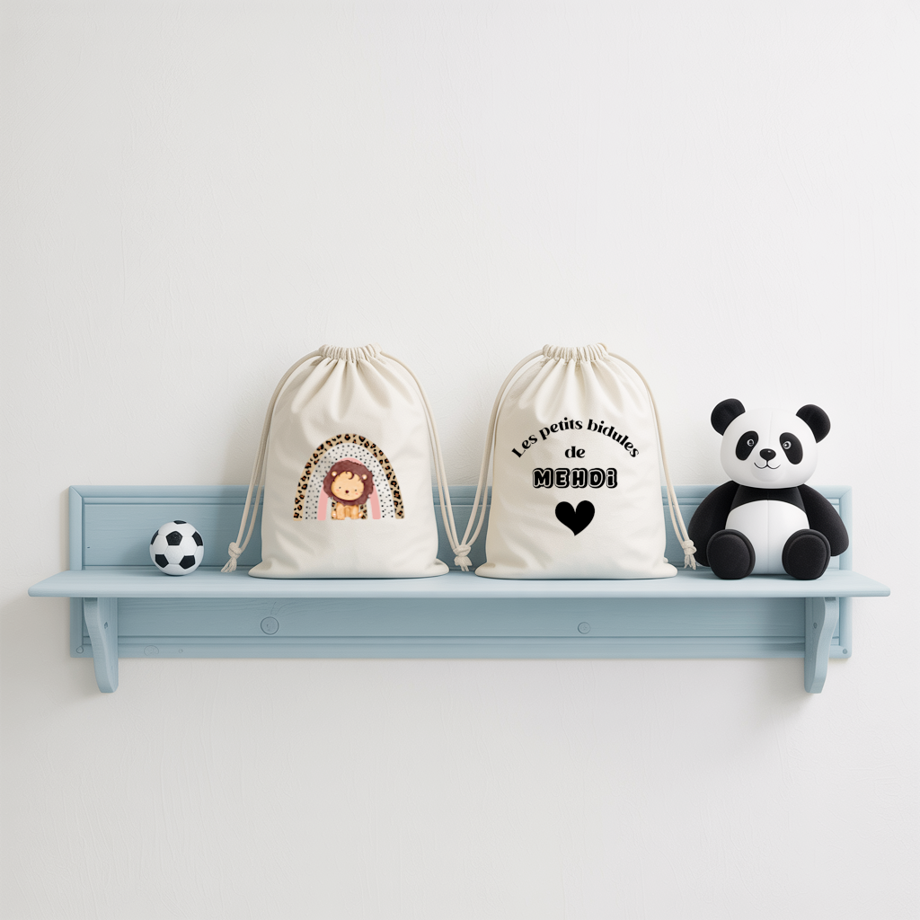 Sac pochon bébé personnalisable lion et arc en ciel et texte en coton avec flocage couleur, écoresponsable - MARJANE et Cie