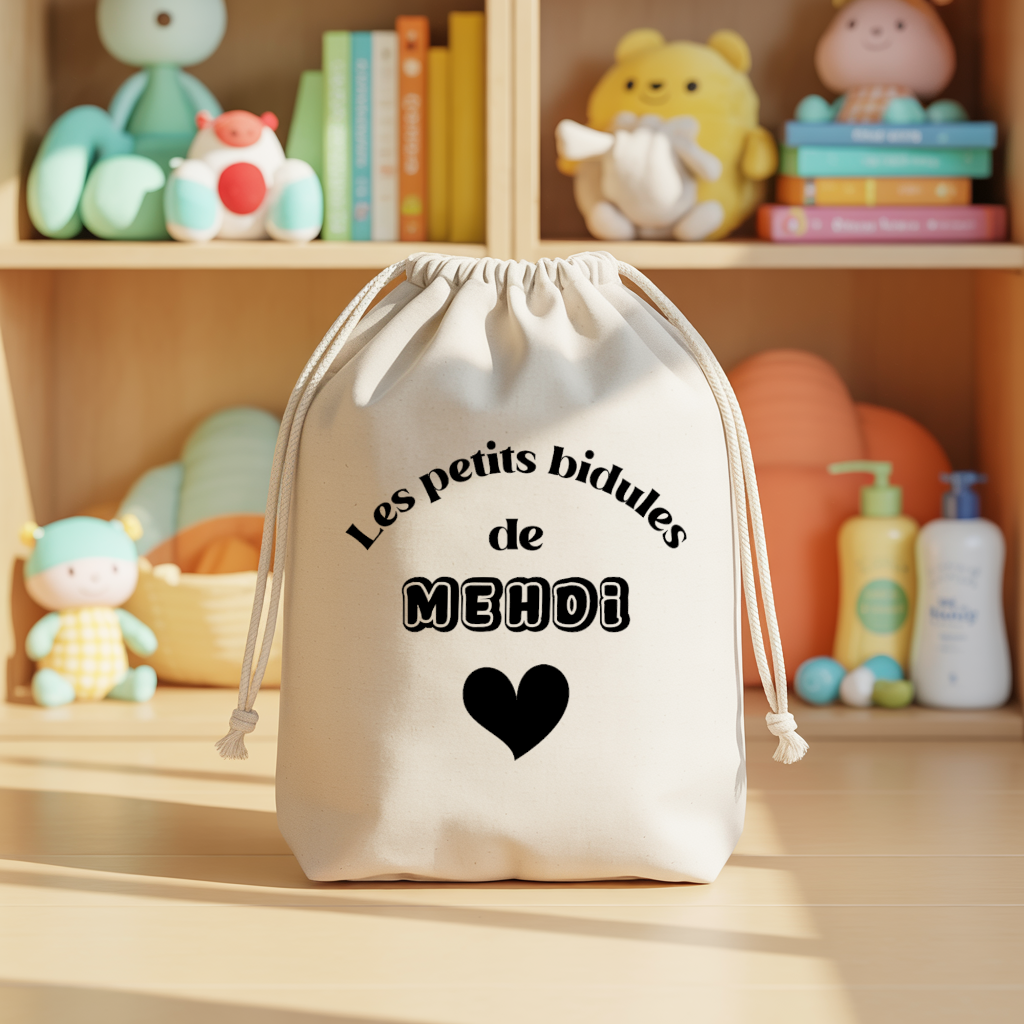 Sac pochon bébé personnalisé lion et arc en ciel face prénom et cœur, coton, flocage couleur - MARJANE et Cie