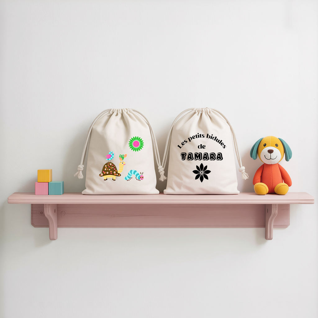 Sac pochon bébé personnalisé face Tortue et sa troupe et face prénom en coton avec flocage, cadeau naissance - MARJANE et Cie