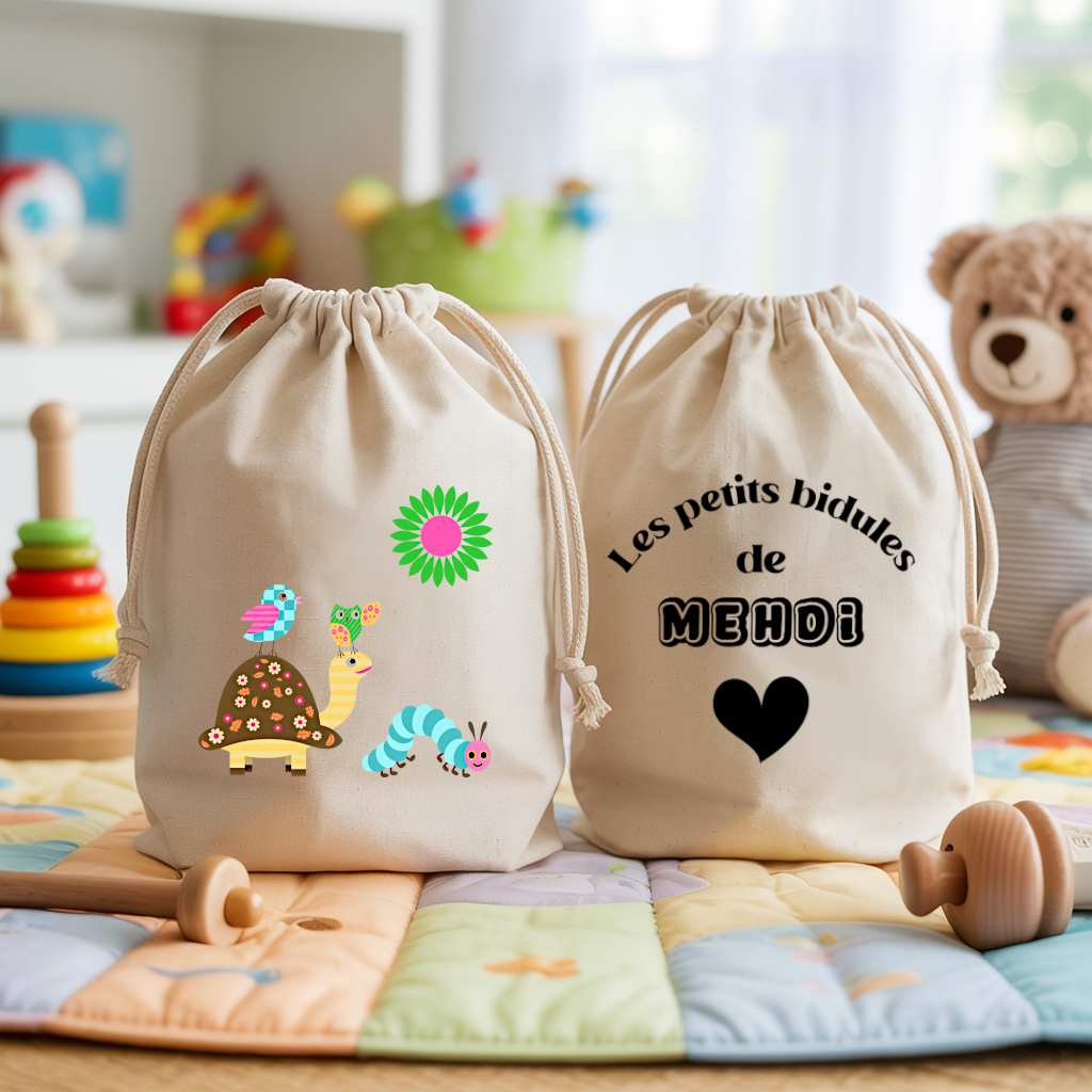 Sac pochon bébé personnalisable Tortue et sa troupe et texte en coton avec flocage couleur, écoresponsable - MARJANE et Cie