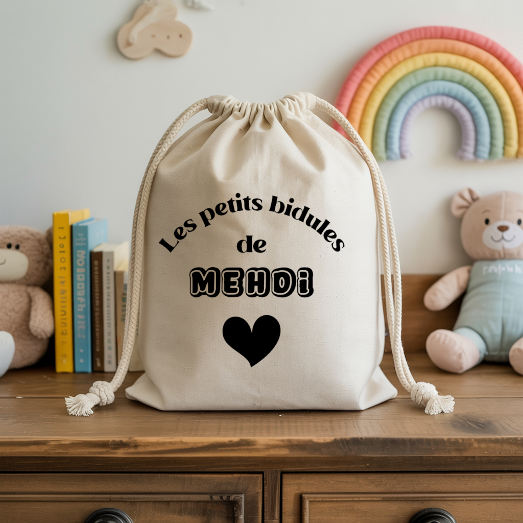Sac pochon bébé personnalisé Tortue et sa troupe face prénom et cœur, coton, flocage couleur - MARJANE et Cie