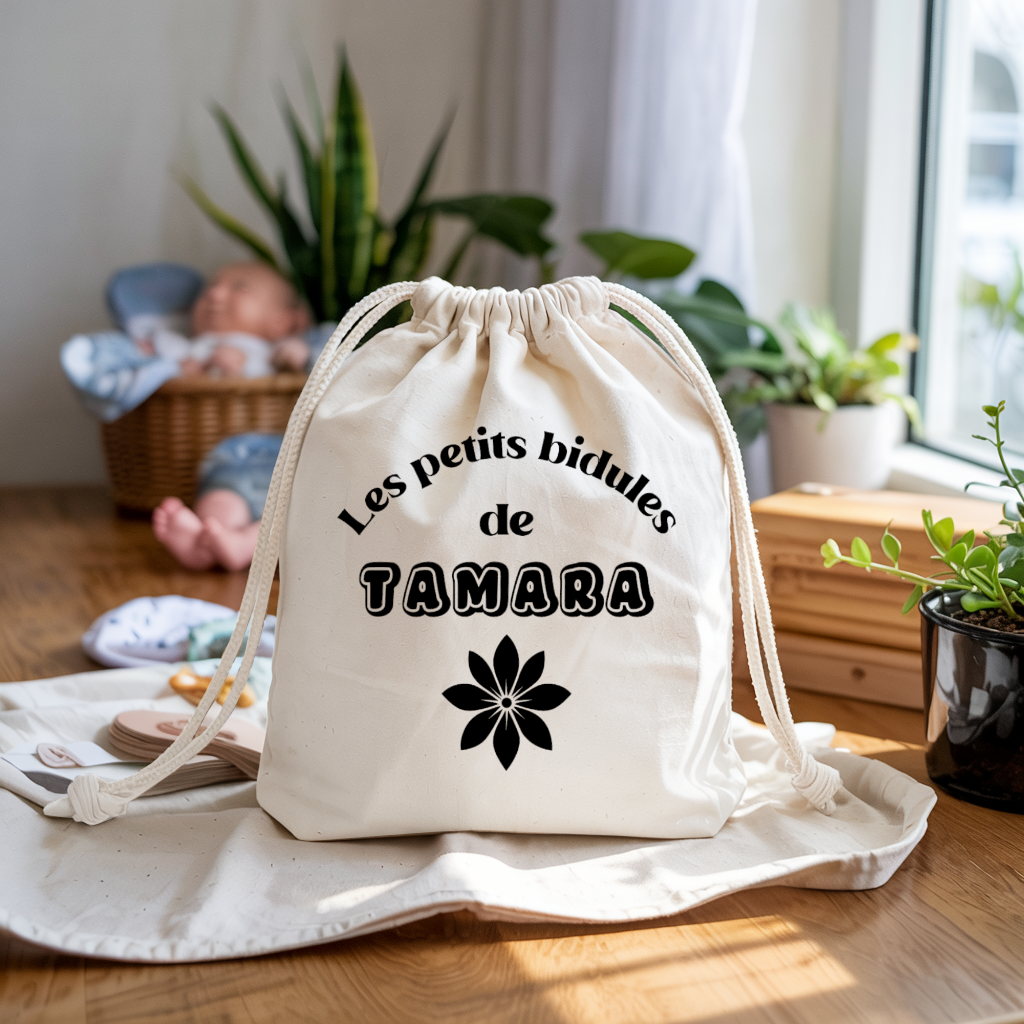 Sac pochon bébé personnalisable Tortue et sa troupe face texte et fleur, coton, flocage couleur, cadeau naissance - MARJANE et Cie