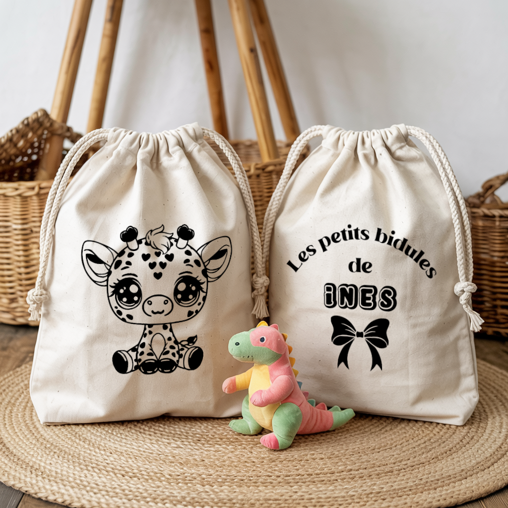 Sac pochon bébé personnalisé recto girafe sage et verso prénom en coton avec flocage couleur - MARJANE et Cie