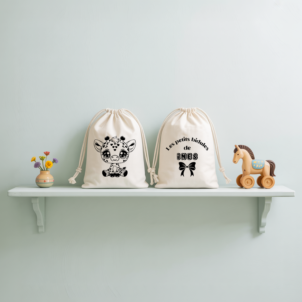 Sac pochon bébé personnalisé face girafe sage et face prénom en coton avec flocage, cadeau naissance - MARJANE et Cie