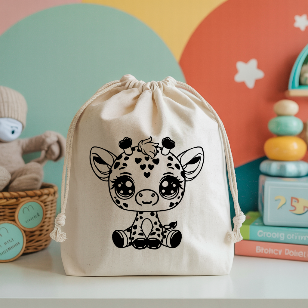 Sac pochon bébé personnalisable girafe sage en coton avec flocage, cadeau naissance- MARJANE et Cie