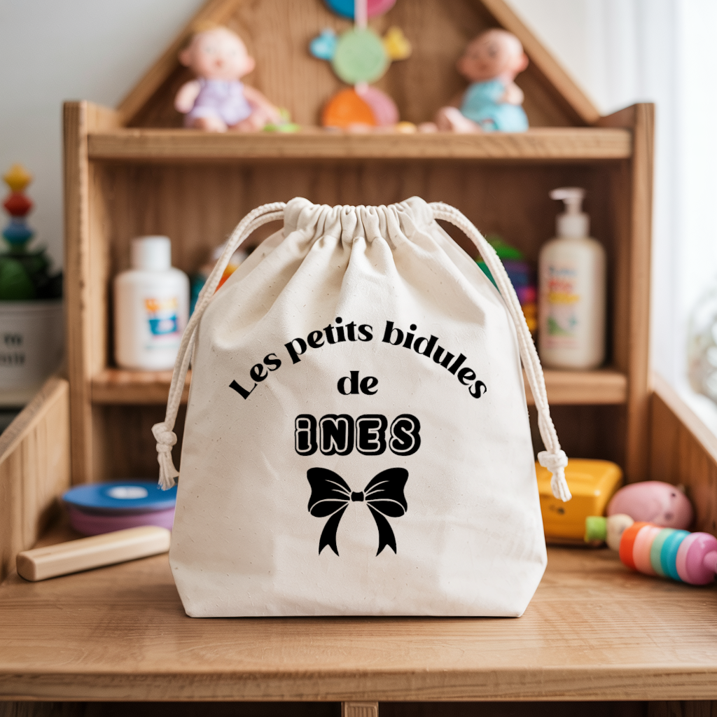 Sac pochon bébé personnalisé girafe sage face prénom et nœud, coton, flocage couleur - MARJANE et Cie
