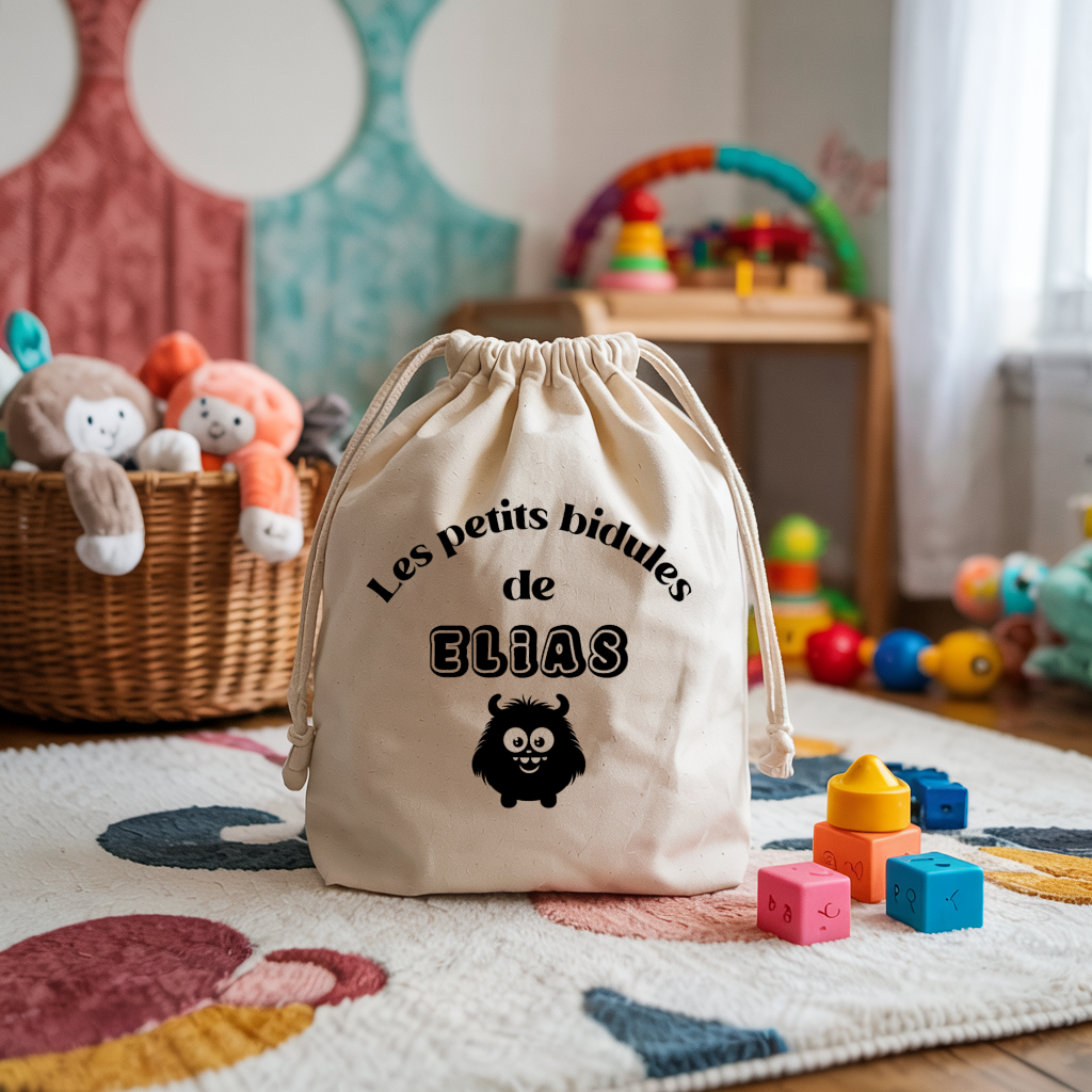 Sac pochon bébé personnalisable girafe sage face texte et monstre, coton, flocage couleur, cadeau naissance - MARJANE et Cie
