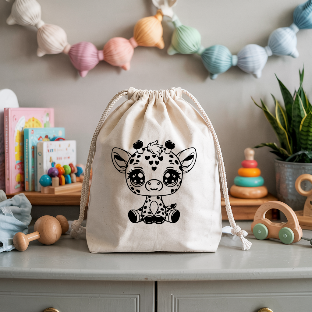 Sac pochon bébé personnalisé girafe sage en coton avec flocage couleur - MARJANE et Cie