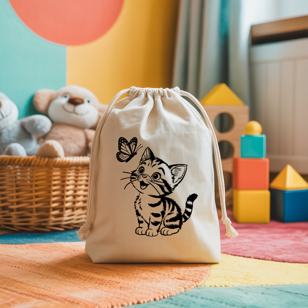 Sac pochon bébé personnalisable chaton émerveillé en coton avec flocage, cadeau naissance- MARJANE et Cie