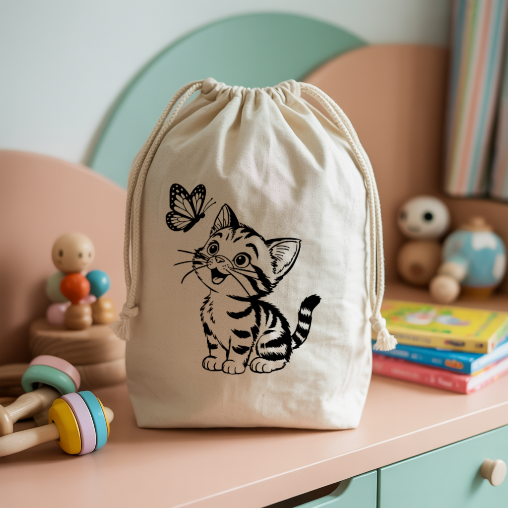 Sac pochon bébé personnalisé chaton émerveillé en coton avec flocage couleur - MARJANE et Cie