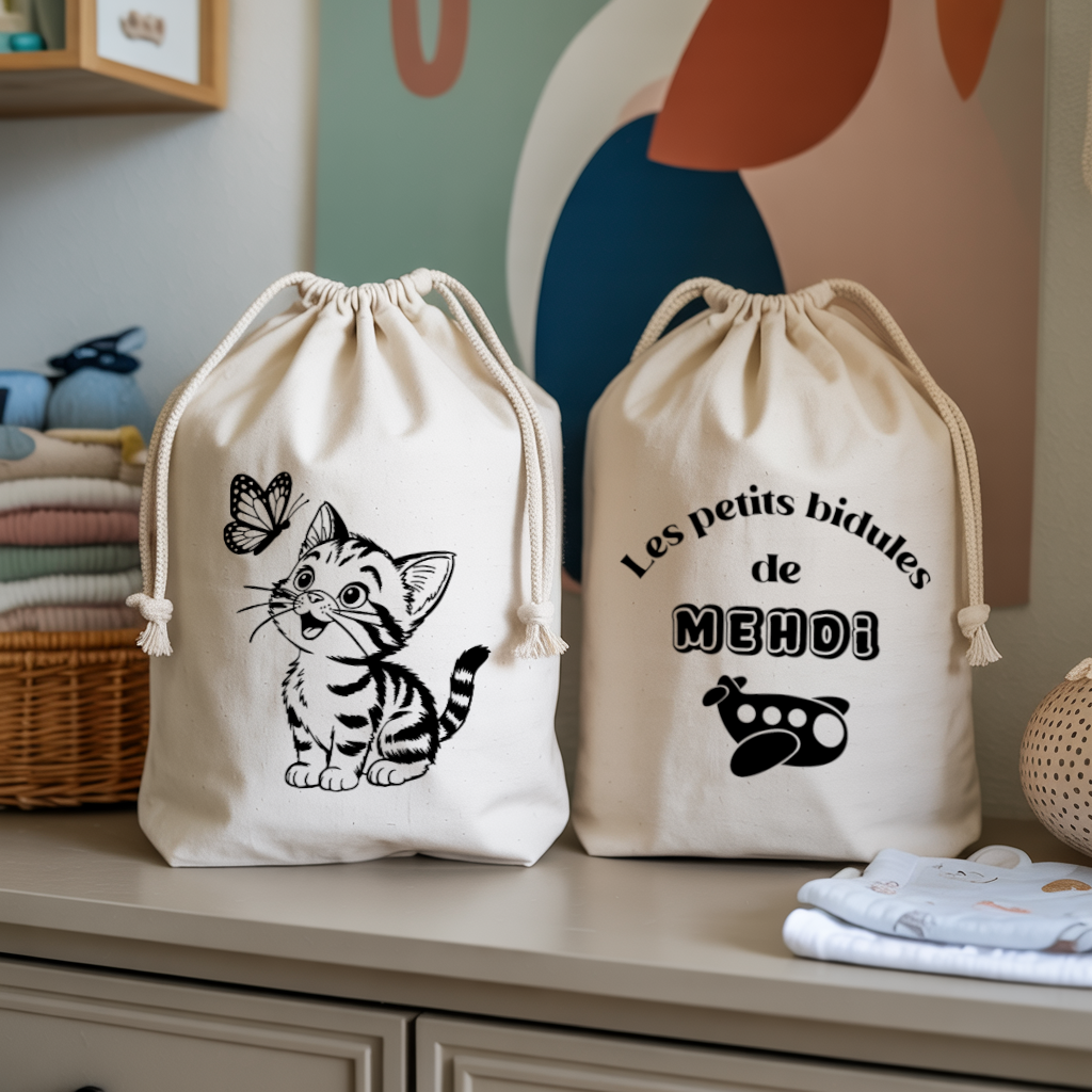 Sac pochon bébé personnalisé face chaton émerveillé et face prénom en coton avec flocage, cadeau naissance - MARJANE et Cie