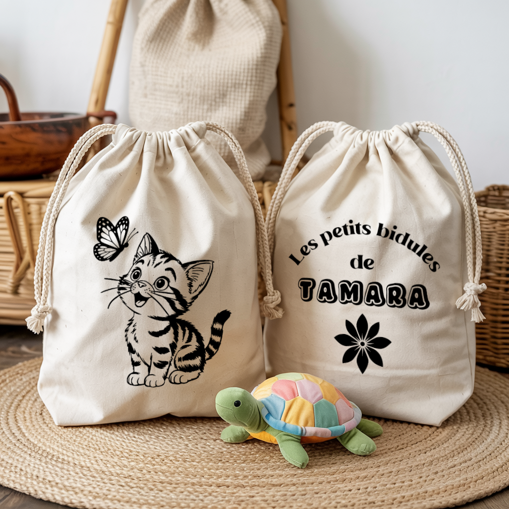 Sac pochon bébé personnalisé recto chaton émerveillé et verso prénom en coton avec flocage couleur - MARJANE et Cie