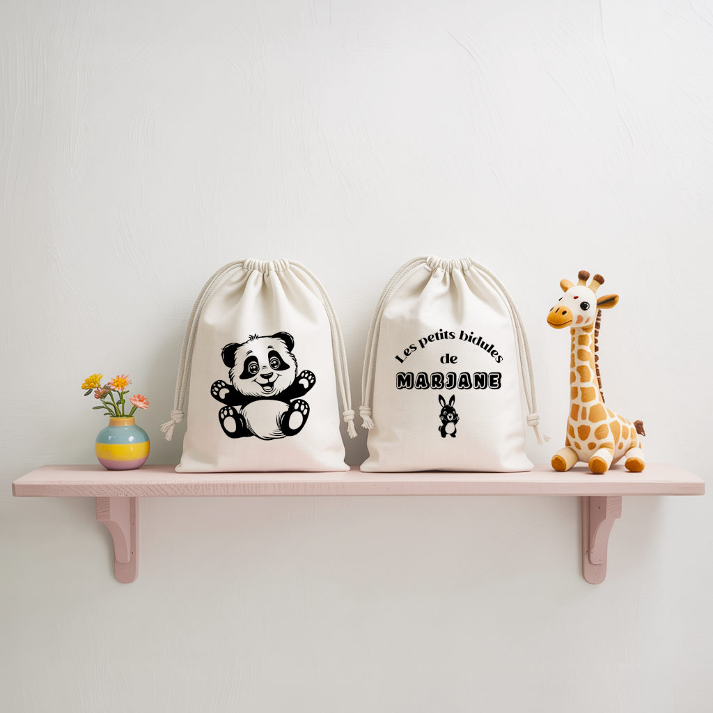 Sac pochon bébé personnalisable panda câlin et texte en coton avec flocage couleur, écoresponsable - MARJANE et Cie