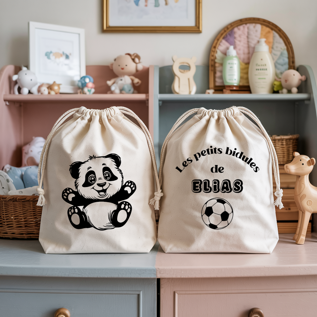 Sac pochon bébé personnalisé face panda câlin et face prénom en coton avec flocage, cadeau naissance - MARJANE et Cie