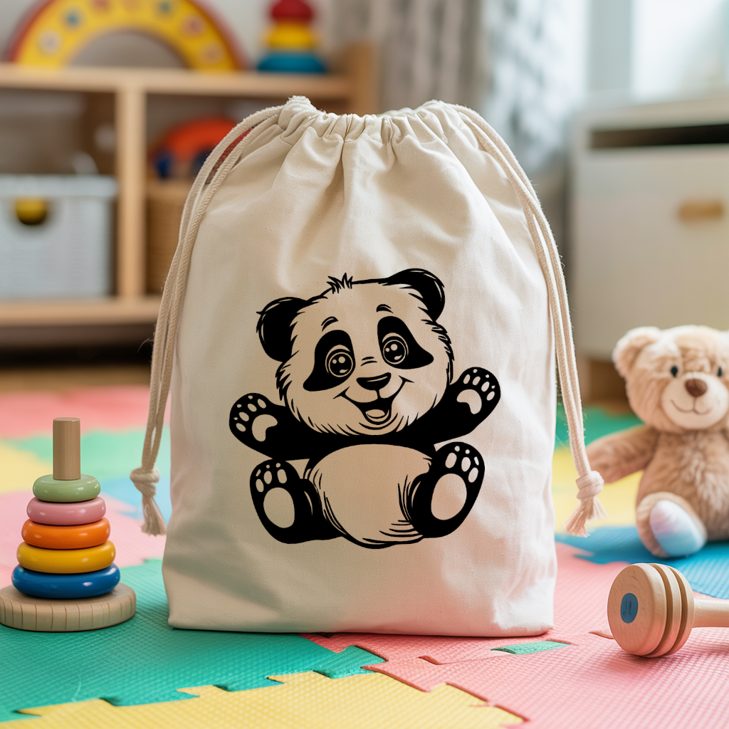 Sac pochon bébé personnalisable panda câlin en coton avec flocage, cadeau naissance- MARJANE et Cie