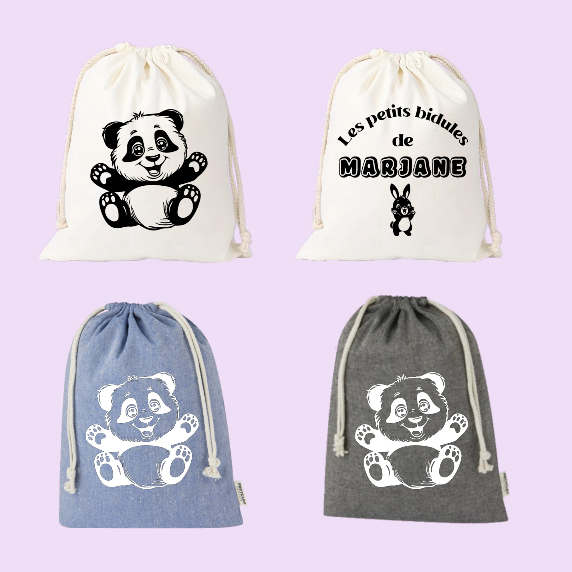 Sac pochon bébé personnalisé panda câlin et prénom en coton avec flocage, coloris disponibles - MARJANE et Cie