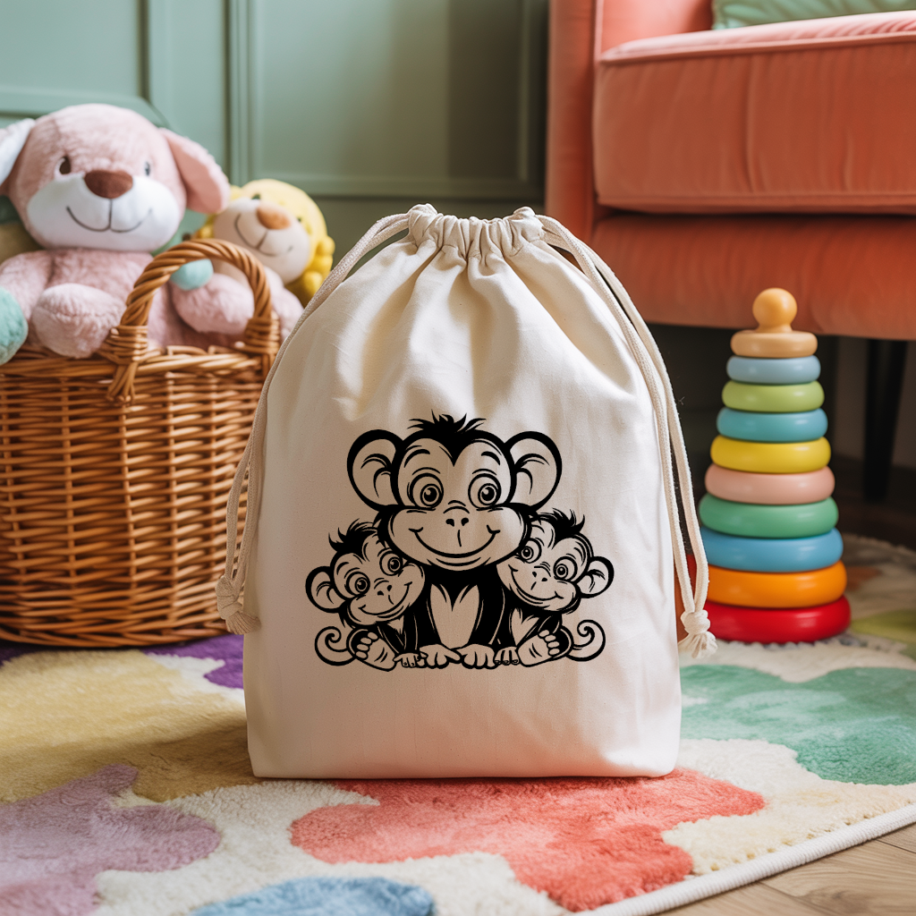Sac pochon bébé personnalisé famille singe en coton avec flocage couleur - MARJANE et Cie