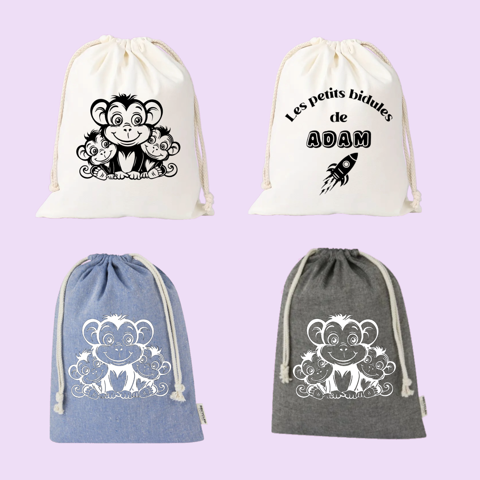 Sac pochon bébé personnalisé famille singe et prénom en coton avec flocage, coloris disponibles - MARJANE et Cie