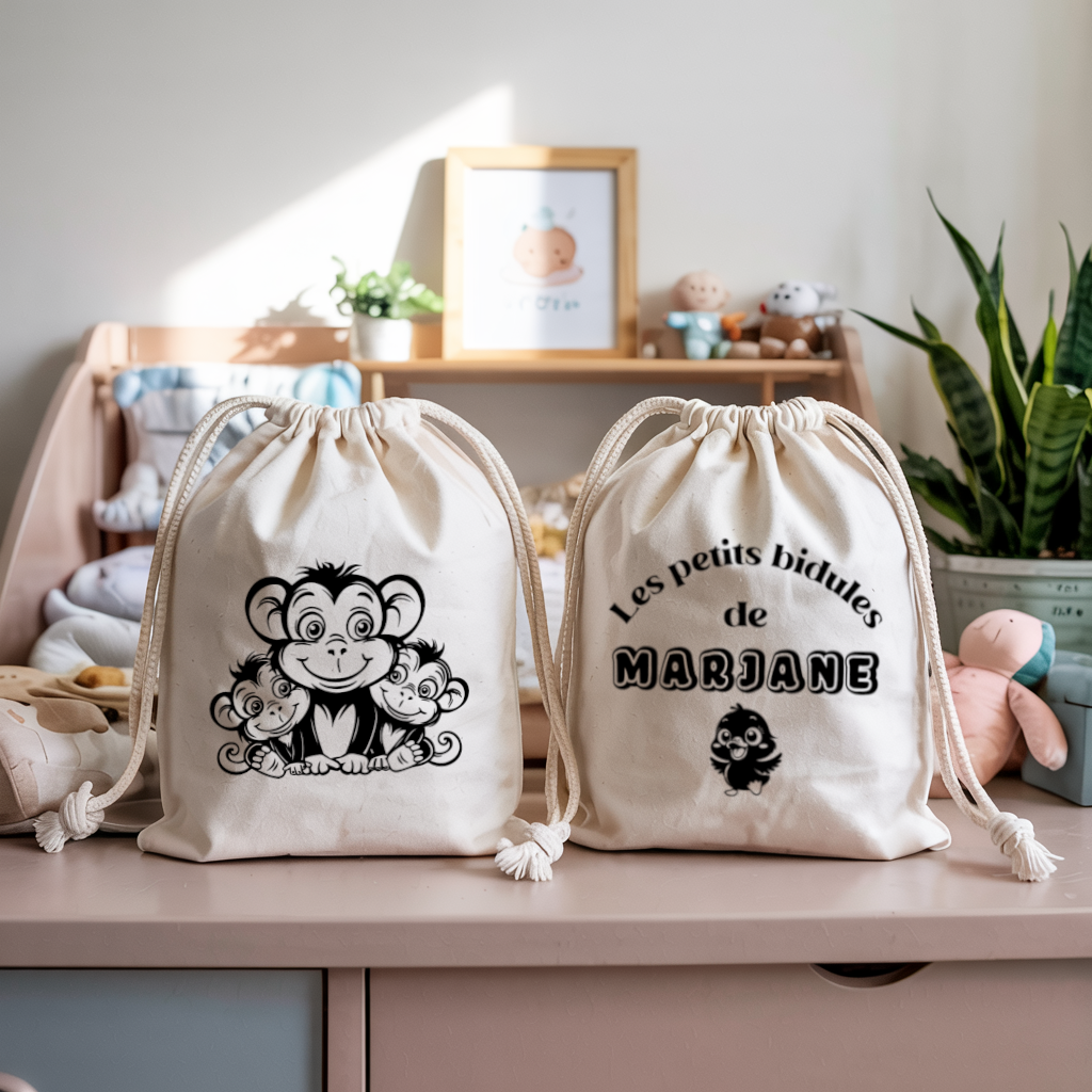 Sac pochon bébé personnalisable famille singe et texte en coton avec flocage couleur, écoresponsable - MARJANE et Cie