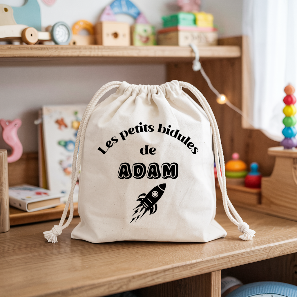 Sac pochon bébé personnalisable famille singe face texte et fusée, coton, flocage couleur, cadeau naissance - MARJANE et Cie