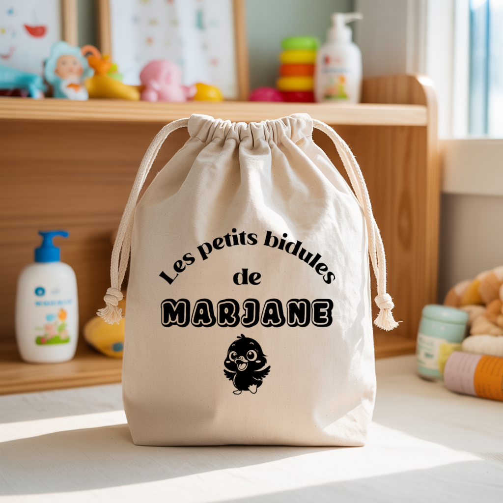 Sac pochon bébé personnalisé famille singe face prénom et poussin, coton, flocage couleur - MARJANE et Cie