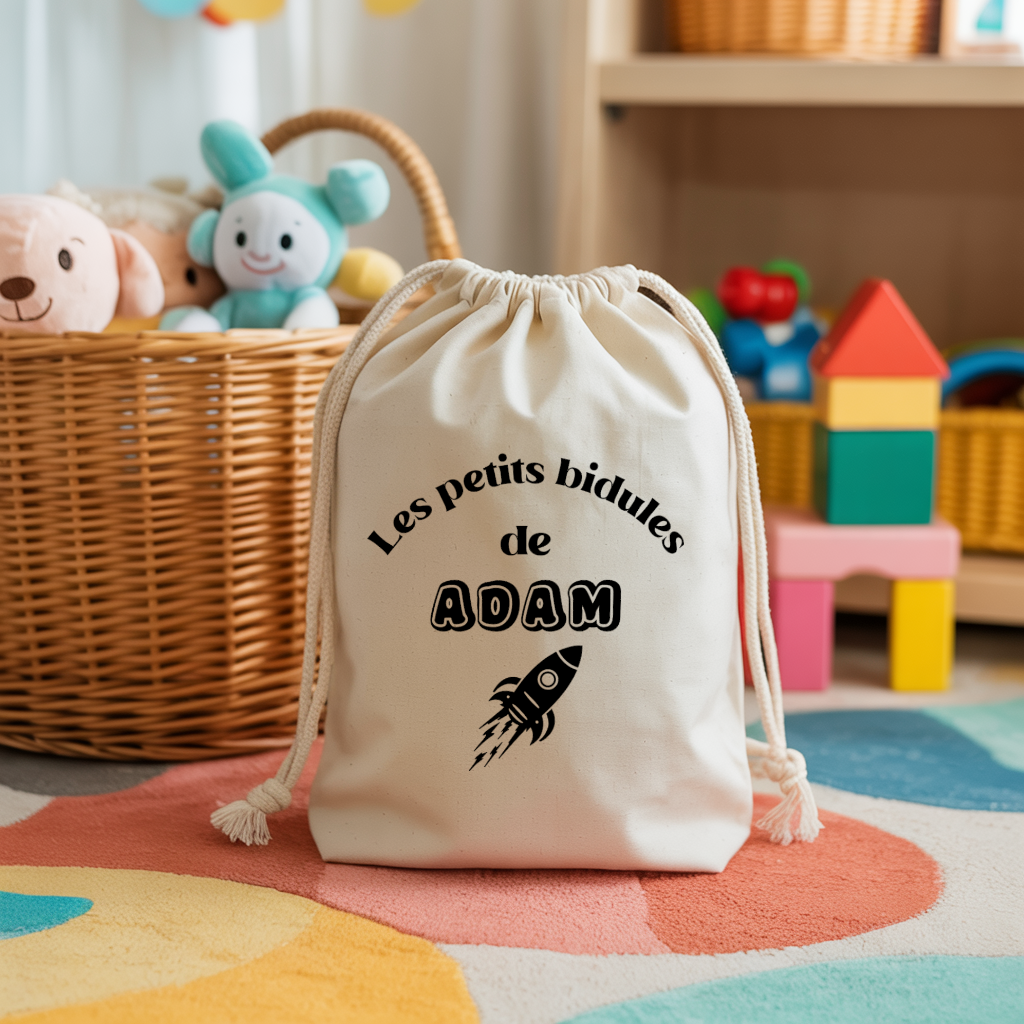 Sac pochon bébé personnalisable famille panda face texte et fusée, coton, flocage couleur, cadeau naissance - MARJANE et Cie