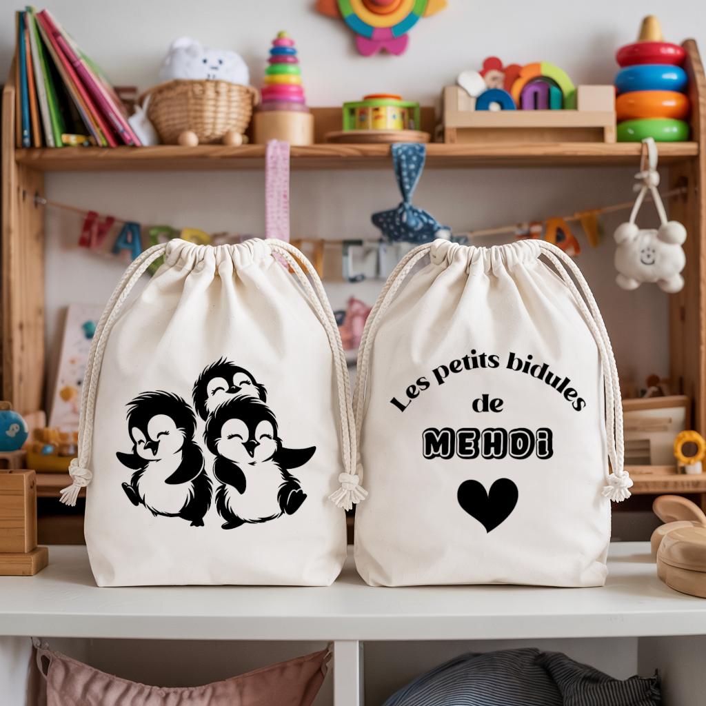 Sac pochon bébé personnalisé face manchots dansants et face prénom en coton avec flocage, cadeau naissance - MARJANE et Cie