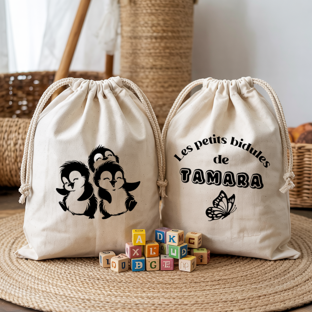 Sac pochon bébé personnalisé recto manchots dansants et verso prénom en coton avec flocage couleur - MARJANE et Cie