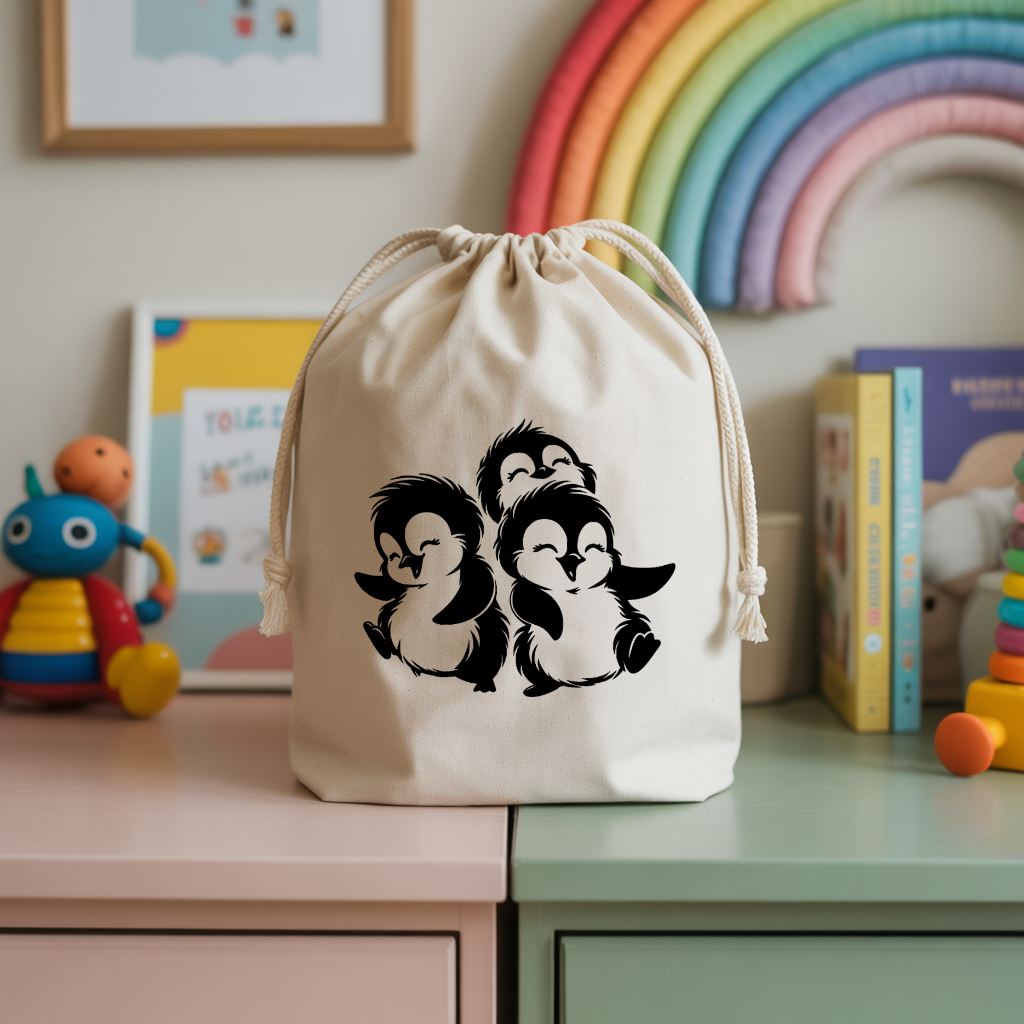 Sac pochon bébé personnalisé manchots dansants en coton avec flocage couleur - MARJANE et Cie