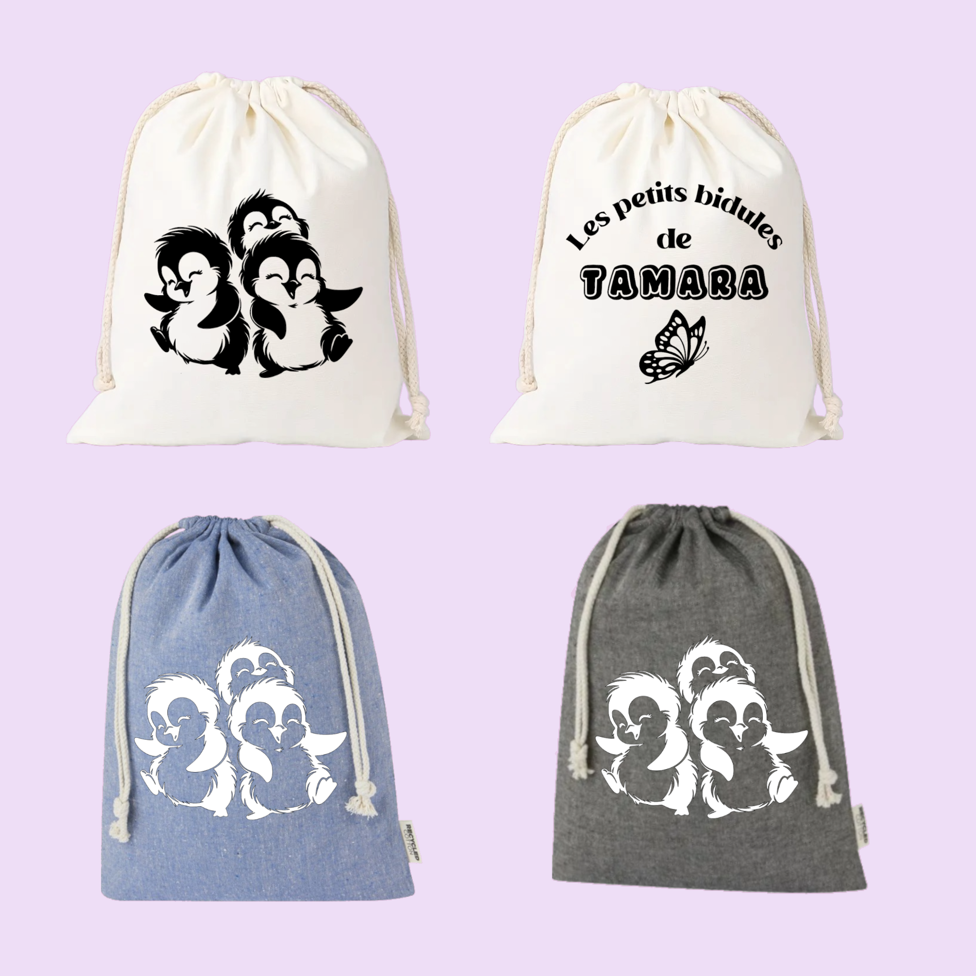 Sac pochon bébé personnalisé manchots dansants et prénom en coton avec flocage, coloris disponibles - MARJANE et Cie