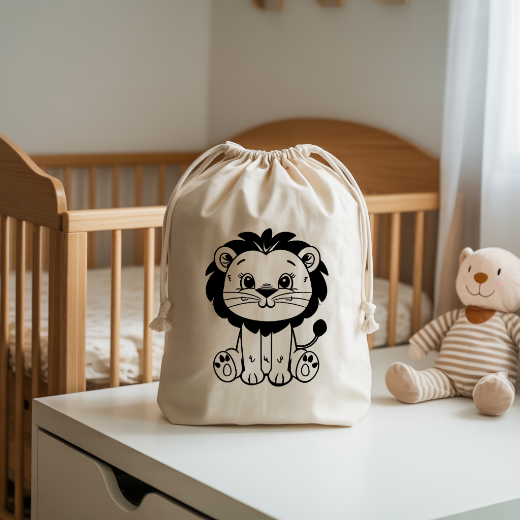 Sac pochon bébé personnalisé lionceau courageux en coton avec flocage couleur - MARJANE et Cie