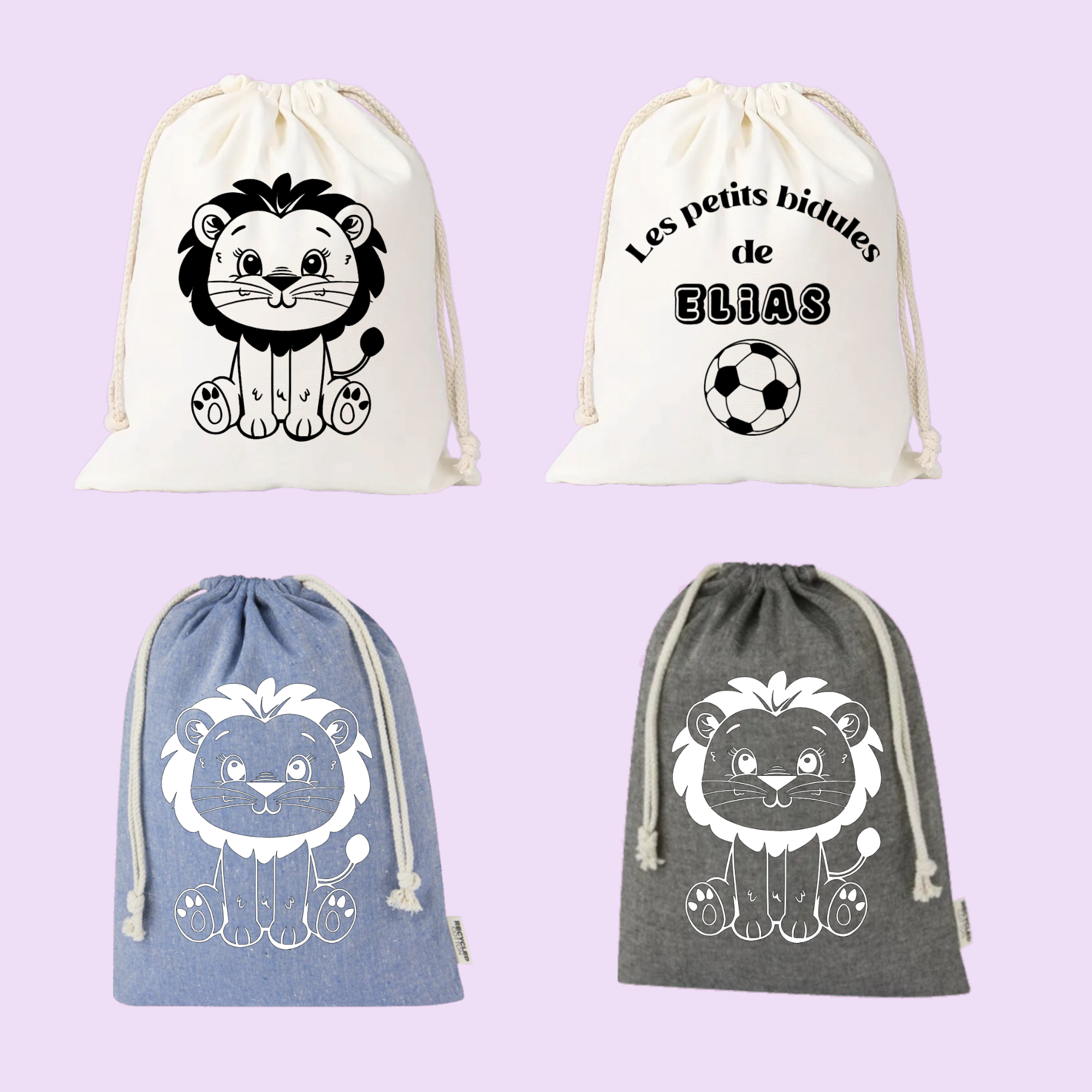 Sac pochon bébé personnalisé lionceau courageux et prénom en coton avec flocage, coloris disponibles - MARJANE et Cie