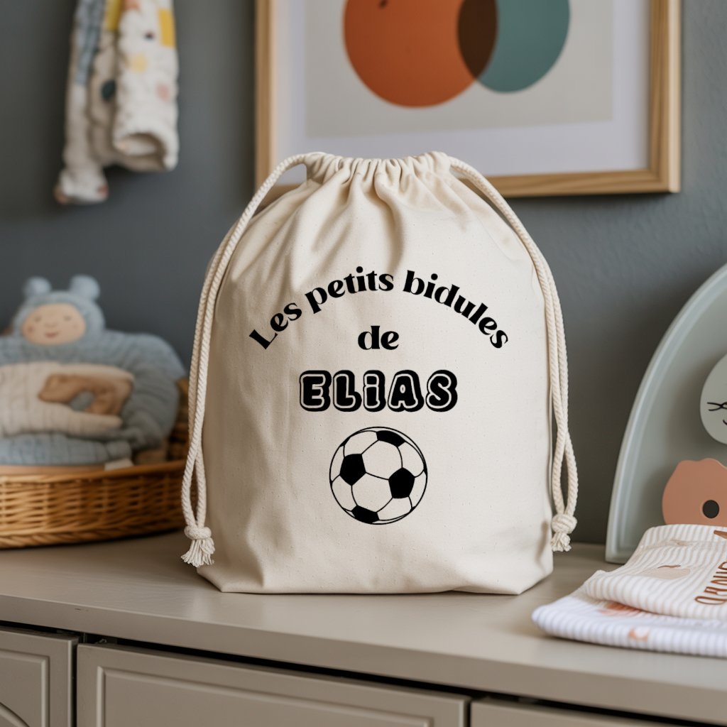 Sac pochon bébé personnalisable lionceau courageux face texte et foot, coton, flocage couleur, cadeau naissance - MARJANE et Cie