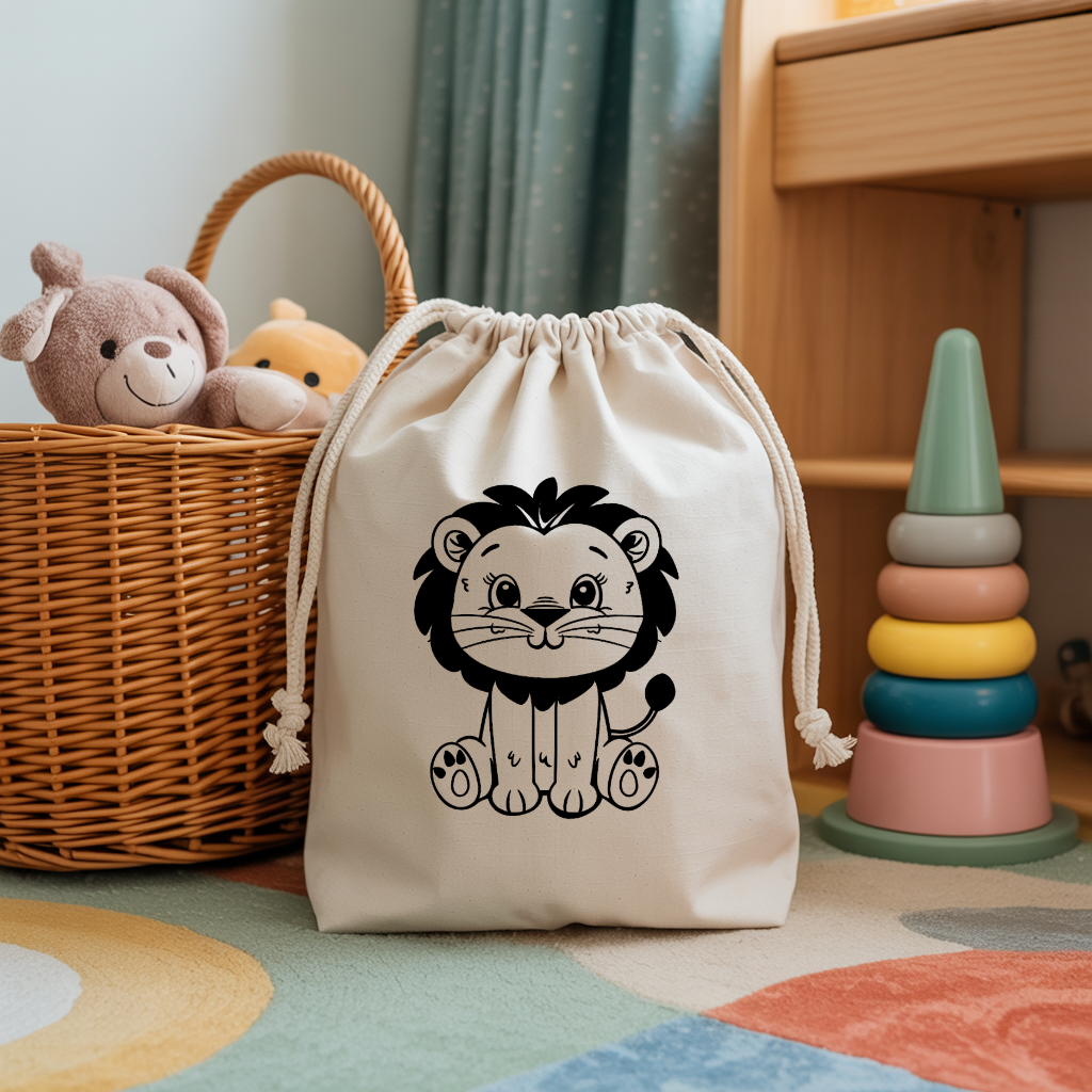 Sac pochon bébé personnalisable lionceau courageux en coton avec flocage, cadeau naissance- MARJANE et Cie