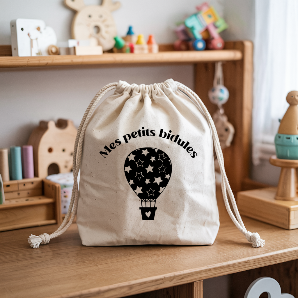 Sac pochon bébé personnalisé lionceau courageux face prénom et montgolfière, coton, flocage couleur - MARJANE et Cie