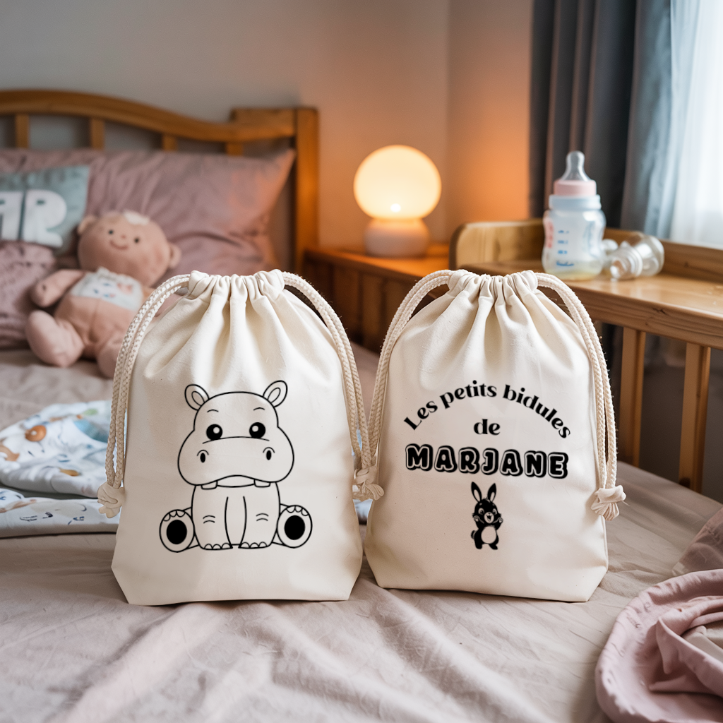 Sac pochon bébé personnalisable hippopotame tendre et texte en coton avec flocage couleur, écoresponsable - MARJANE et Cie