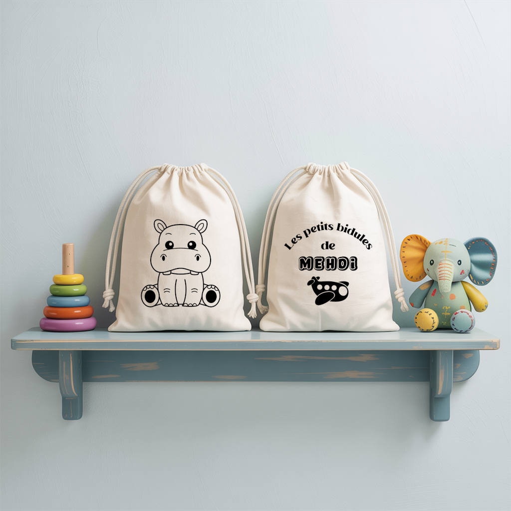 Sac pochon bébé personnalisé face hippopotame tendre et face prénom en coton avec flocage, cadeau naissance - MARJANE et Cie