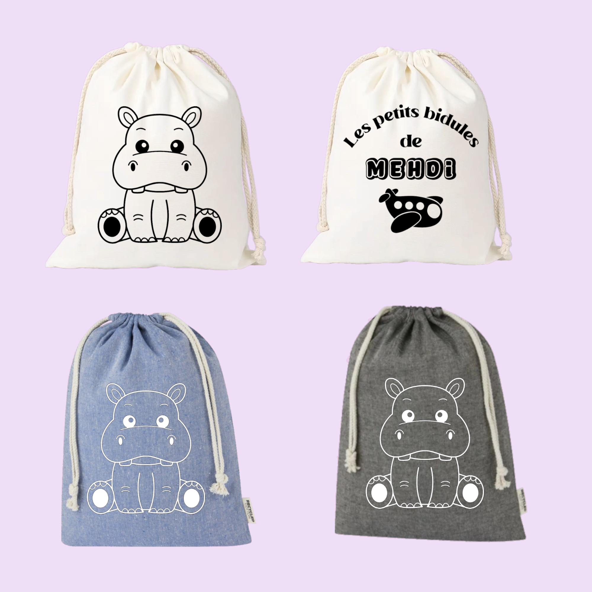 Sac pochon bébé personnalisé hippopotame tendre et prénom en coton avec flocage, coloris disponibles - MARJANE et Cie