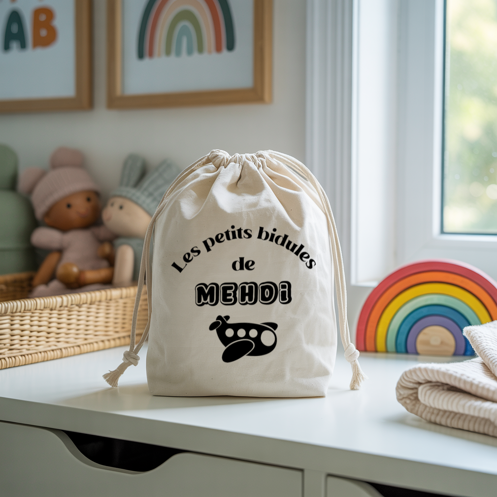 Sac pochon bébé personnalisable hippopotame tendre face texte et avion, coton, flocage couleur, cadeau naissance - MARJANE et Cie