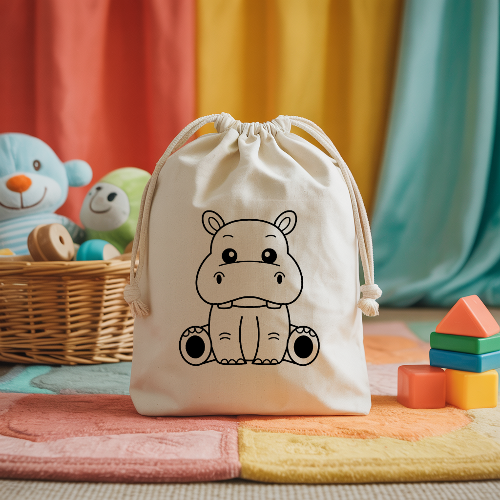 Sac pochon bébé personnalisé hippopotame tendre en coton avec flocage couleur - MARJANE et Cie