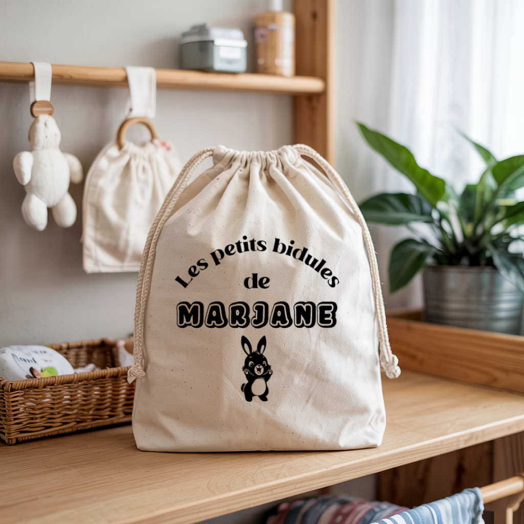 Sac pochon bébé personnalisé hippopotame tendre face prénom et lapin, coton, flocage couleur - MARJANE et Cie