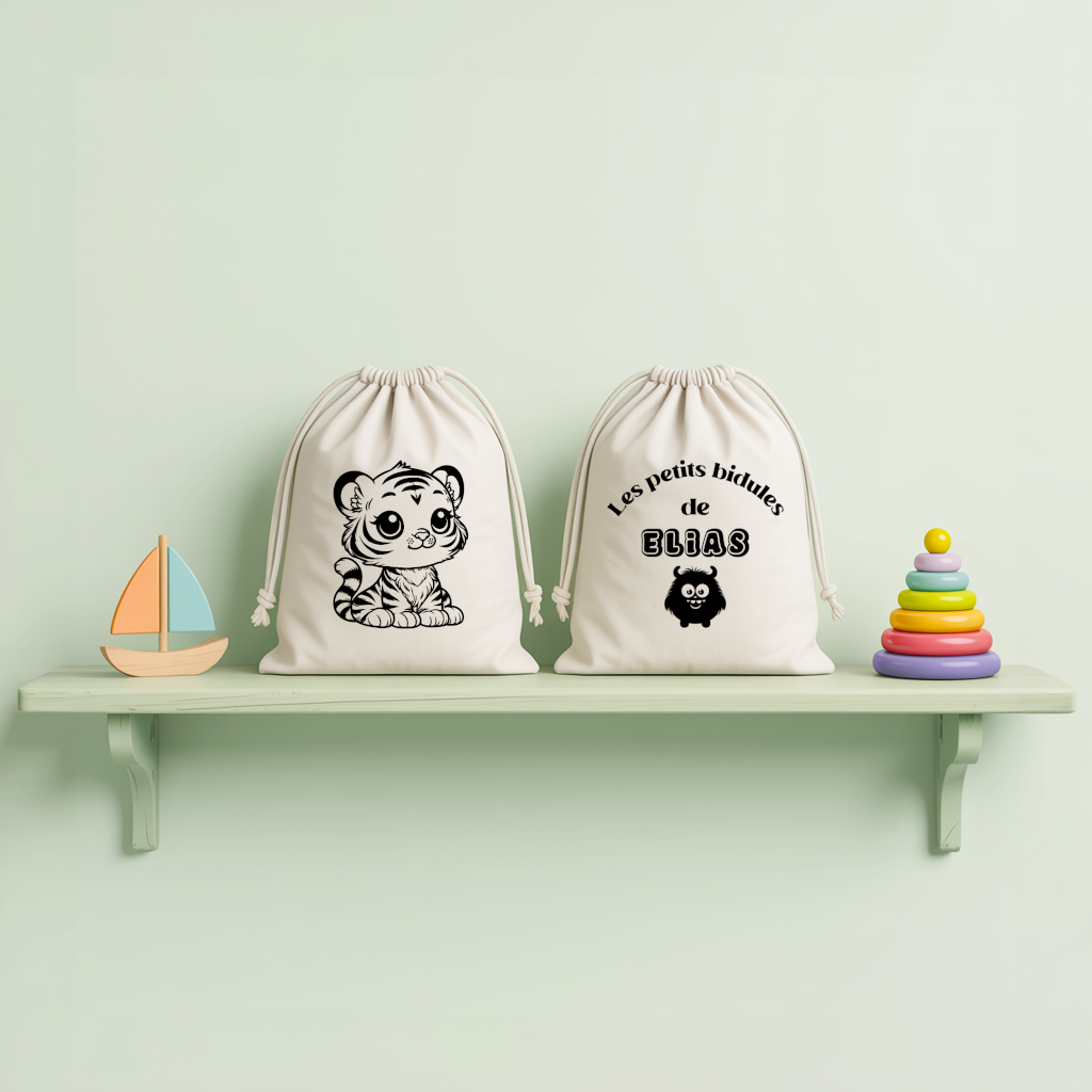 Sac pochon bébé personnalisé face chat songeur et face prénom en coton avec flocage, cadeau naissance - MARJANE et Cie