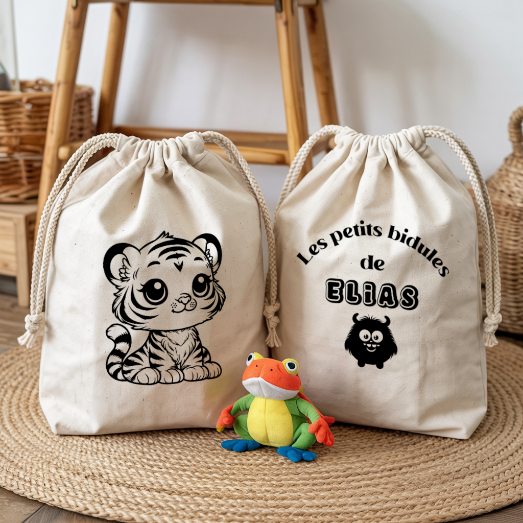Sac pochon bébé personnalisé recto chat songeur et verso prénom en coton avec flocage couleur - MARJANE et Cie