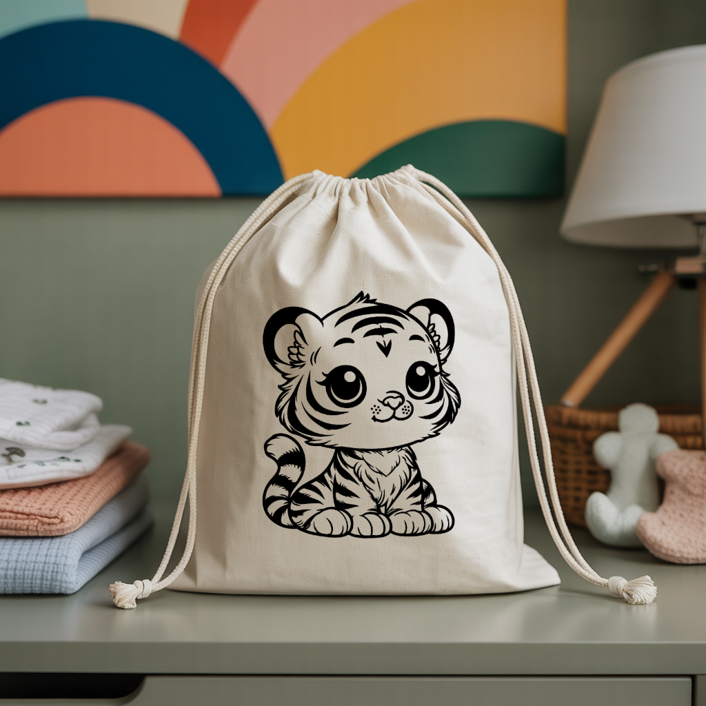 Sac pochon bébé personnalisable chat songeur en coton avec flocage, cadeau naissance- MARJANE et Cie