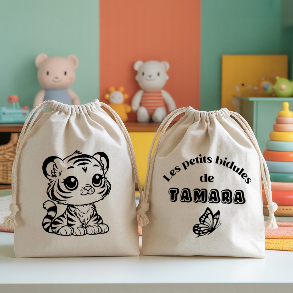 Sac pochon bébé personnalisable chat songeur et texte en coton avec flocage couleur, écoresponsable - MARJANE et Cie