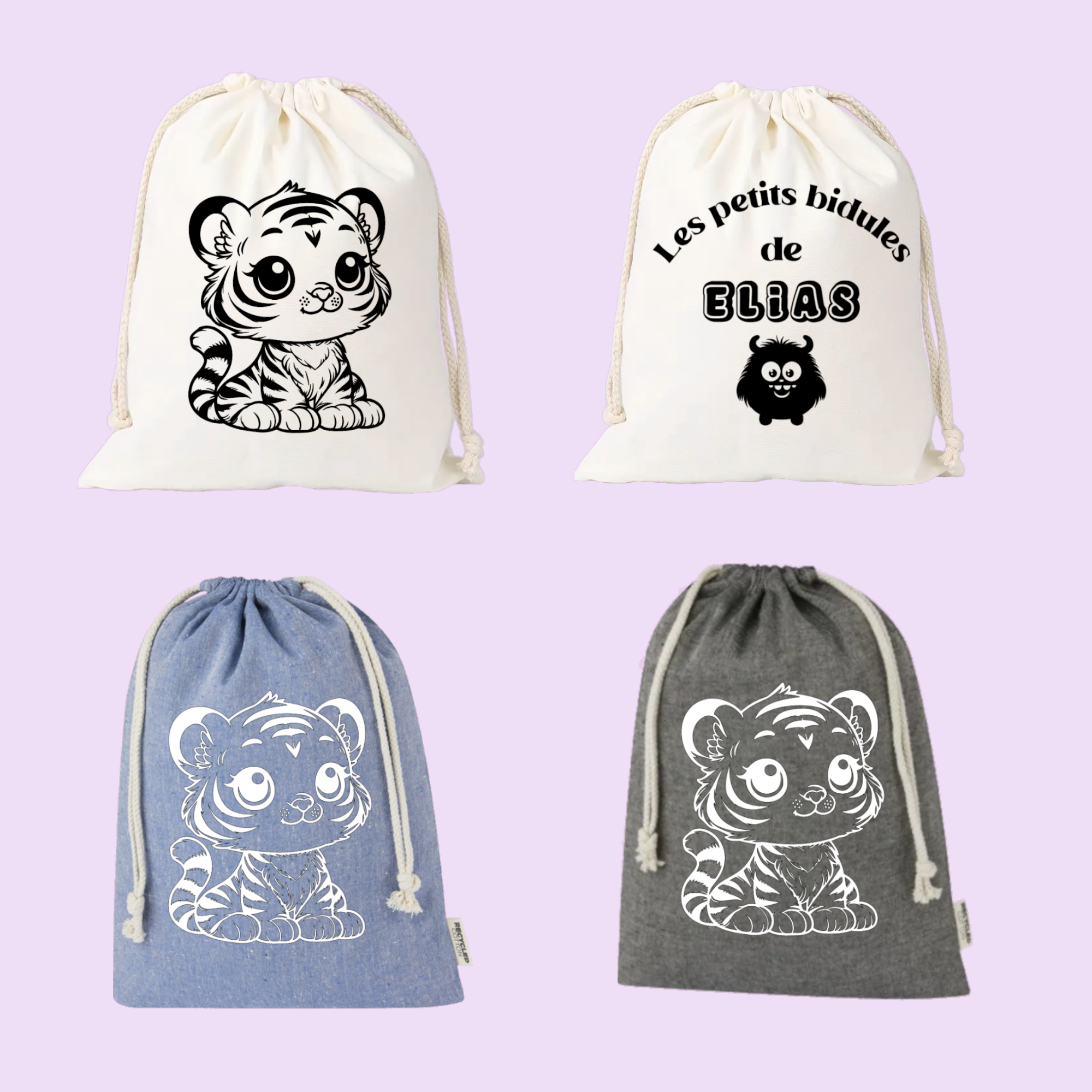 Sac pochon bébé personnalisé chat songeur et prénom en coton avec flocage, coloris disponibles - MARJANE et Cie