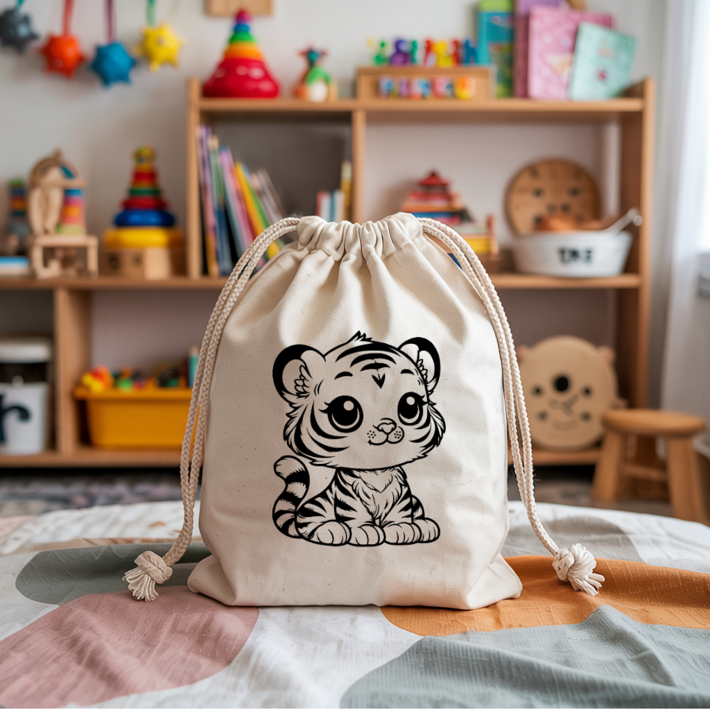 Sac pochon bébé personnalisé chat songeur en coton avec flocage couleur - MARJANE et Cie