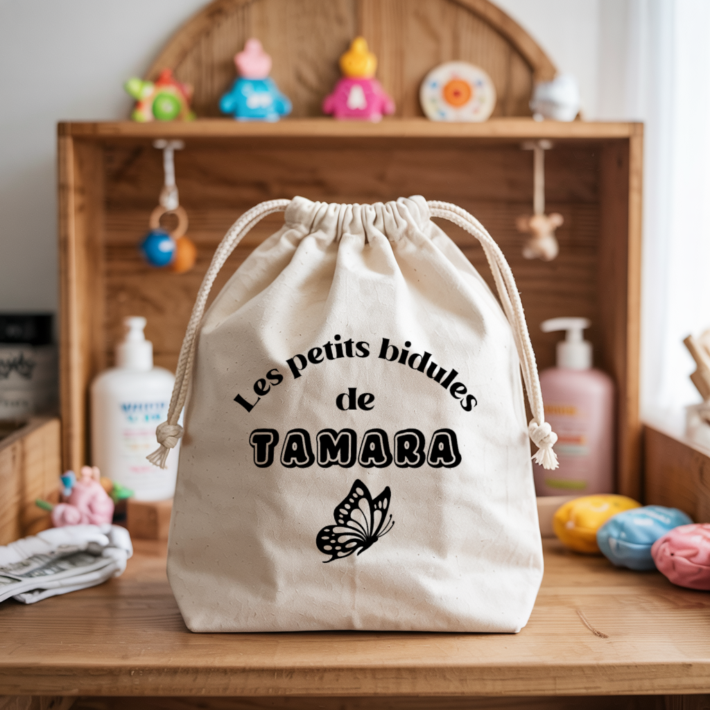 Sac pochon bébé personnalisé chat songeur face prénom et papillon, coton, flocage couleur - MARJANE et Cie