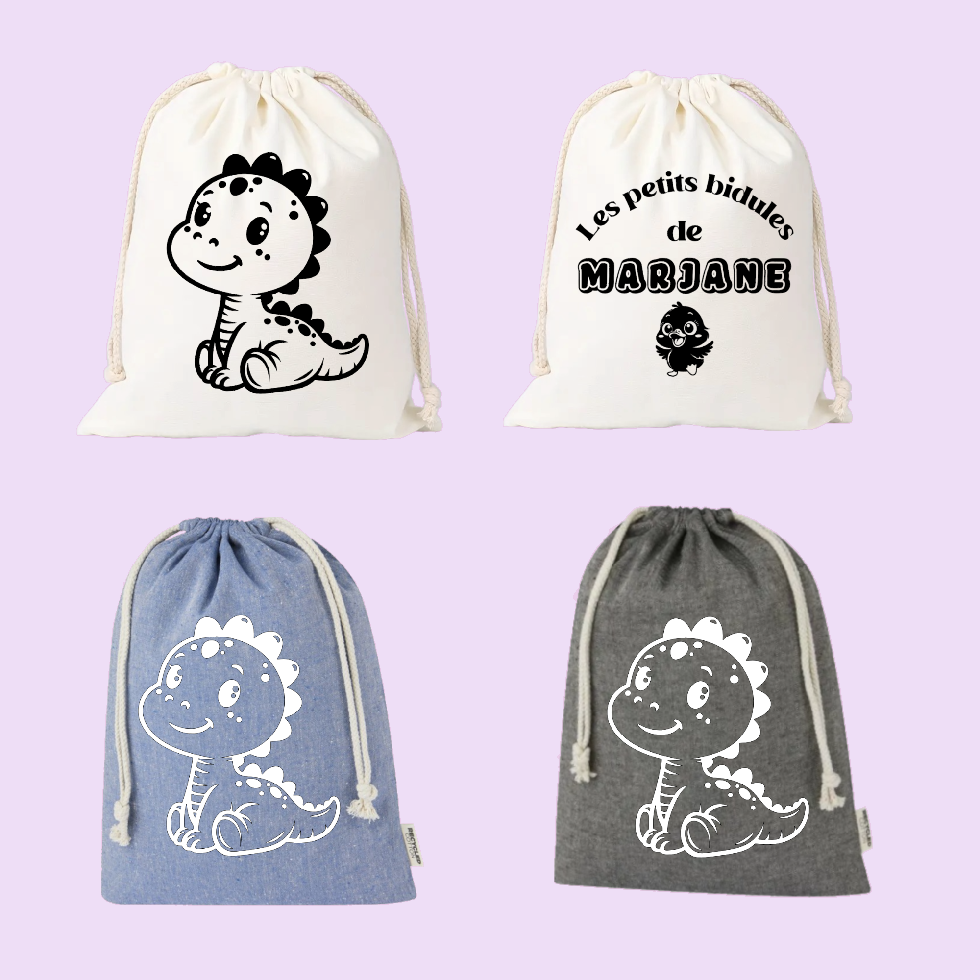 Sac pochon bébé personnalisé dinosaure espiègle et prénom en coton avec flocage, coloris disponibles - MARJANE et Cie