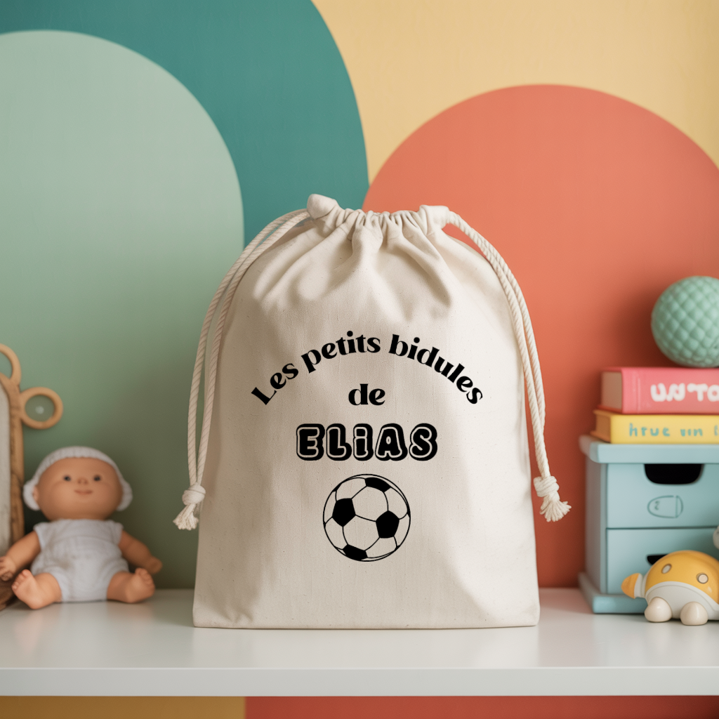 Sac pochon bébé personnalisé dinosaure espiègle face prénom et foot, coton, flocage couleur - MARJANE et Cie